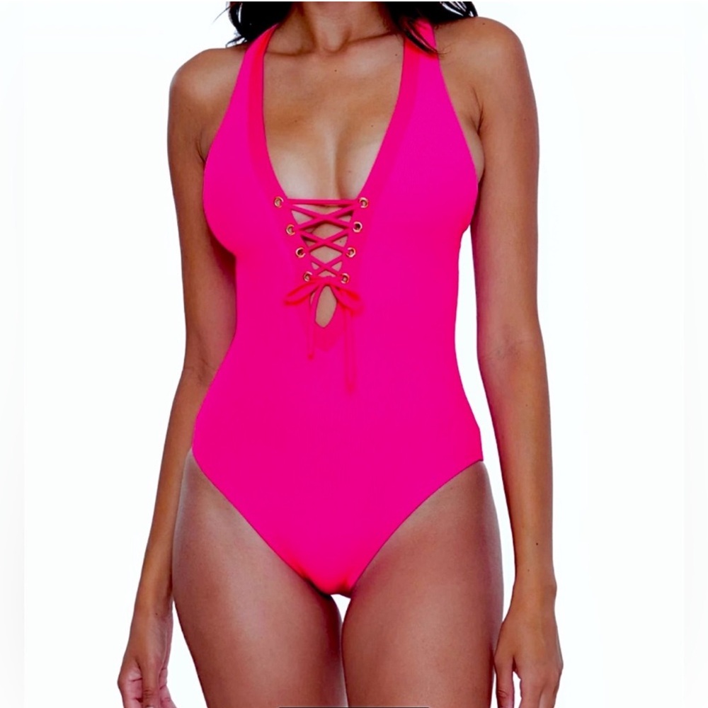 Becca one piece hot pink lace up ribbed fabric